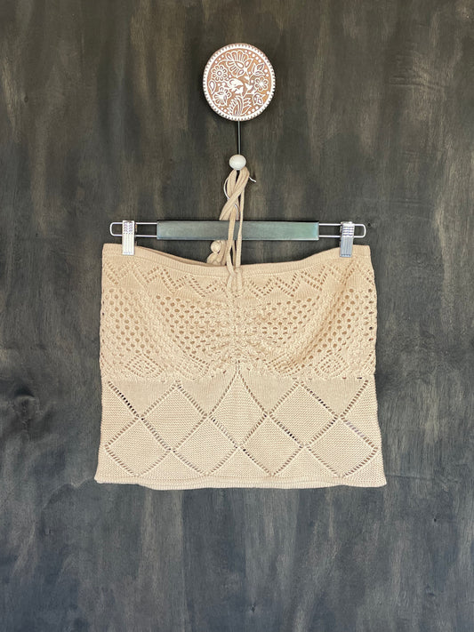 Solid Crochet Knit Eyelet Sweater Halter Top